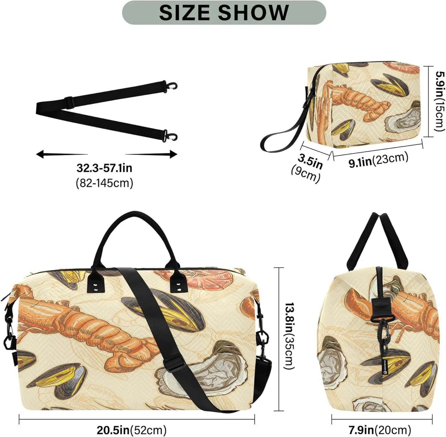 Exnundod Women Weekender Bags Yummy Seafood Travel Duffel Bags Carry On Overnight Bag Delicious Food Large Hospital Tote Luggage
