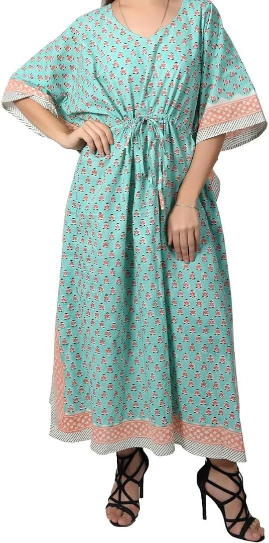 Fabric Venue Hand Block Print Cotton Summer Wear Dress Caftan Dress Beach Wear Floral Aqua Blue Print Kaftan