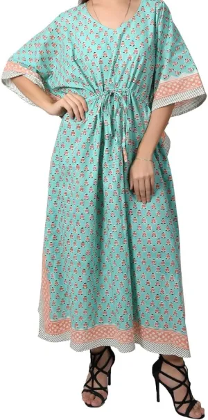 Fabric Venue Hand Block Print Cotton Summer Wear Dress Caftan Dress Beach Wear Floral Aqua Blue Print Kaftan