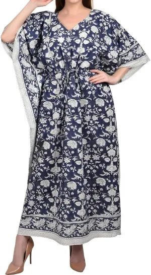 Fabric Venue Hand Block Print Cotton Summer Wear Dress Caftan Dress Beach Wear Floral Blue Indigo Print Kaftan