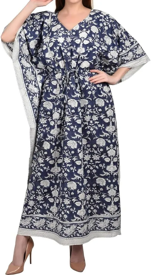 Fabric Venue Hand Block Print Cotton Summer Wear Dress Caftan Dress Beach Wear Floral Blue Indigo Print Kaftan