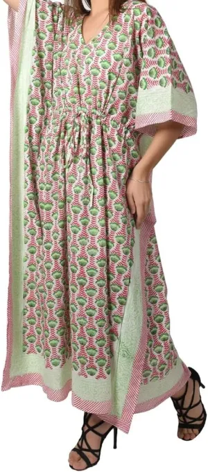 Fabric Venue Hand Block Print Cotton Summer Wear Dress Caftan Dress Beach Wear Floral Multicolor Print Kaftan