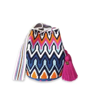 Fairtrade Authentic WAYUU Bag, Mochila from Colombia, Medium Crochet Crossbody, Handmade Medium Purse, Bucket Bag, Artisanmade Craft (Fuego)