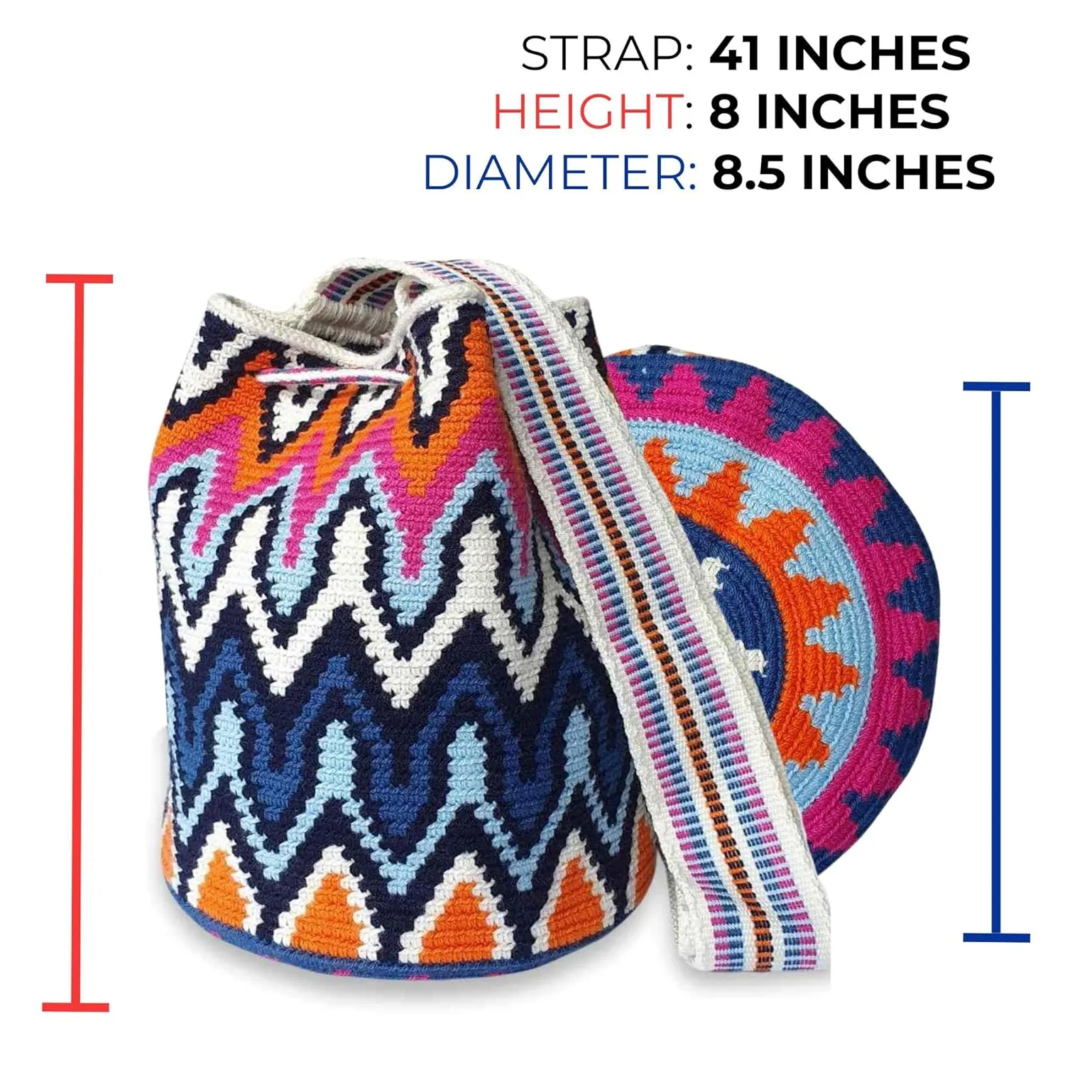 Fairtrade Authentic WAYUU Bag, Mochila from Colombia, Medium Crochet Crossbody, Handmade Medium Purse, Bucket Bag, Artisanmade Craft (Fuego)