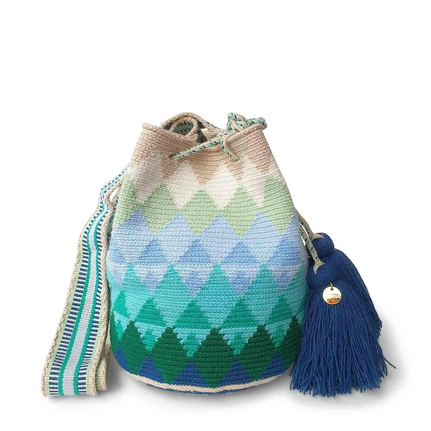 Fairtrade Authentic WAYUU Bag, Mochila from Colombia, Medium Crochet Crossbody, Handmade Medium Purse, Bucket Bag, Artisanmade Craft (Peacock)