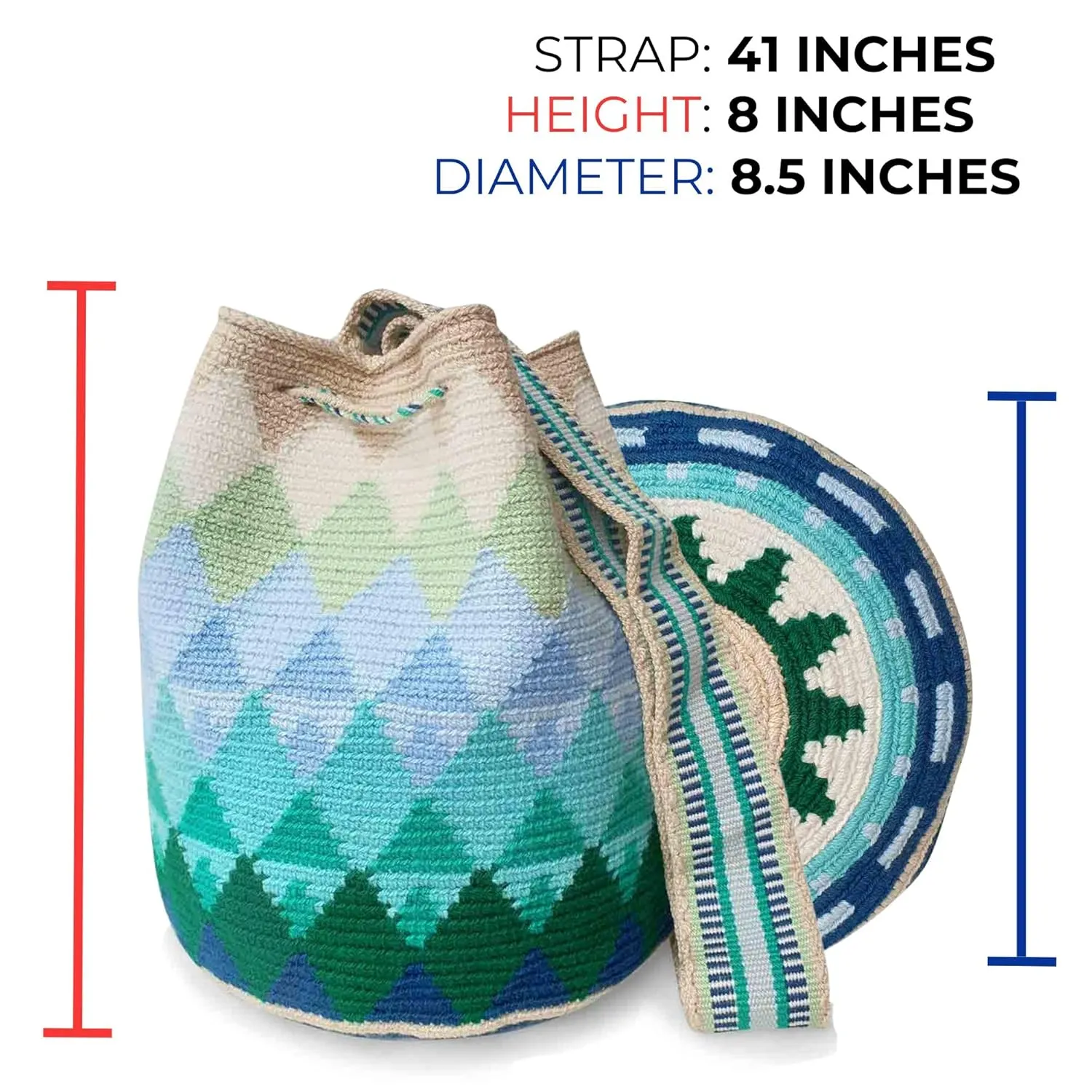 Fairtrade Authentic WAYUU Bag, Mochila from Colombia, Medium Crochet Crossbody, Handmade Medium Purse, Bucket Bag, Artisanmade Craft (Peacock)