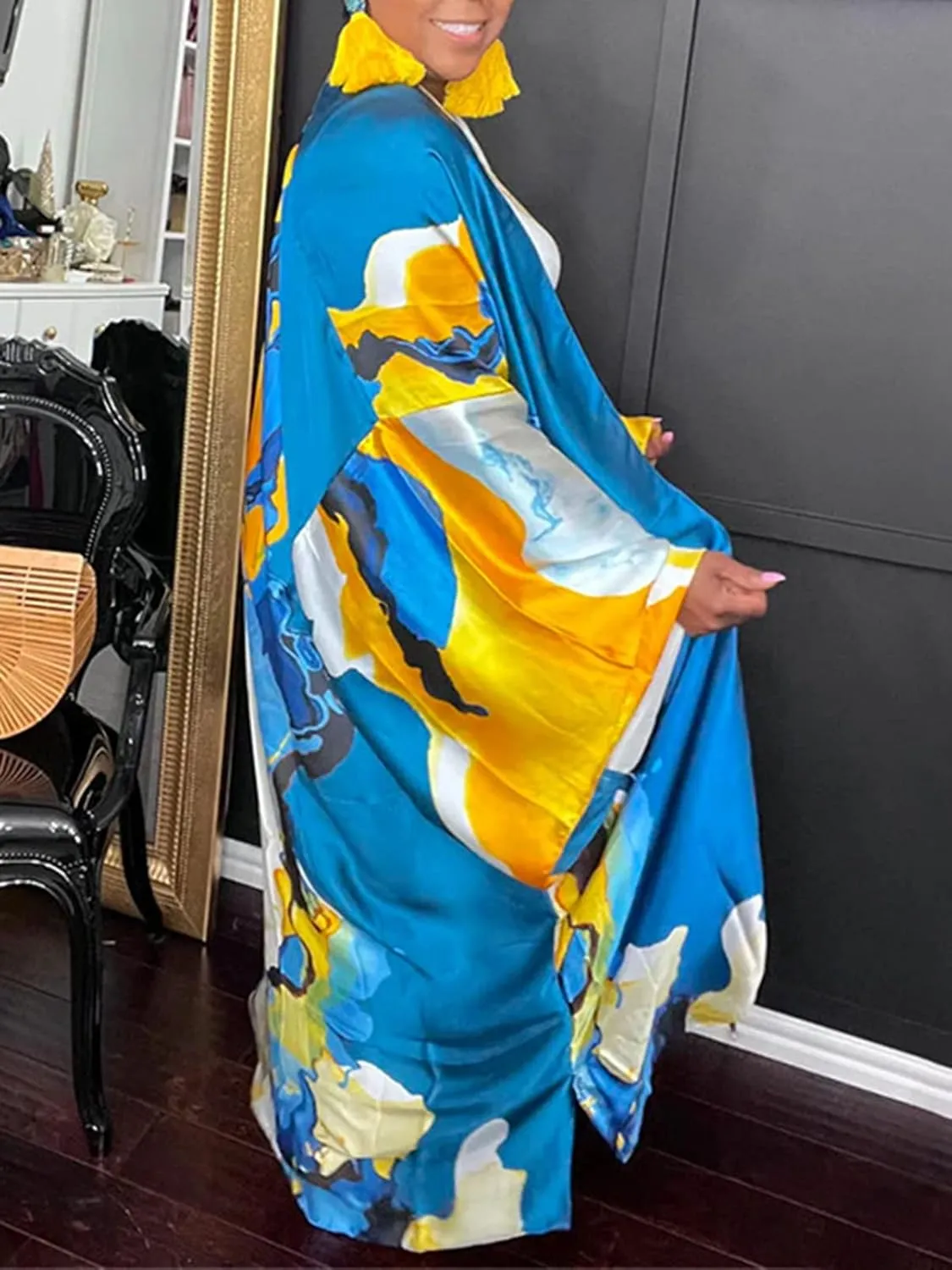 Famnbro Women's Floral Print Satin Robe Kimono Cardigan Open Front Long Cover Ups Outerwear One Size