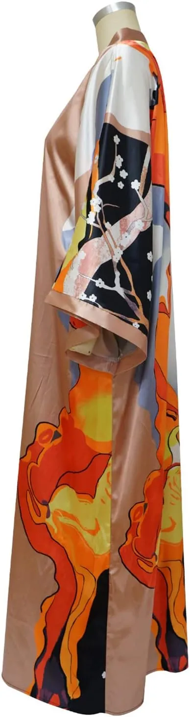 Famnbro Women's Floral Print Satin Robe Kimono Cardigan Open Front Long Cover Ups Outerwear One Size