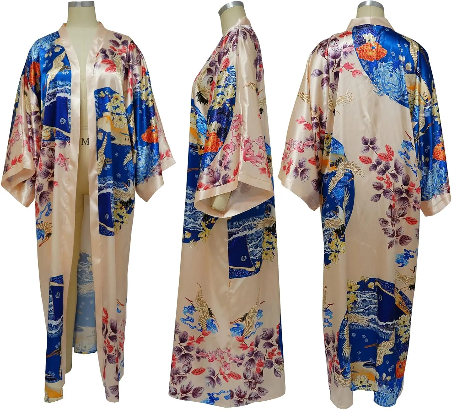 Famnbro Women's Floral Print Satin Robe Kimono Cardigan Open Front Long Cover Ups Outerwear One Size