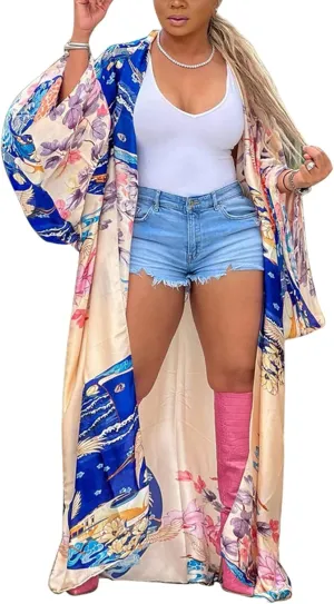 Famnbro Women's Floral Print Satin Robe Kimono Cardigan Open Front Long Cover Ups Outerwear One Size