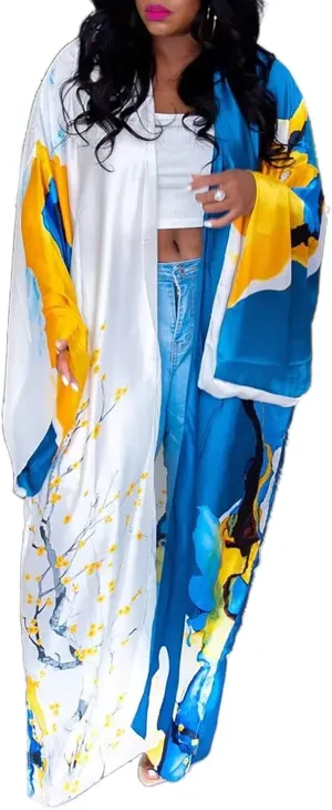 Famnbro Women's Floral Print Satin Robe Kimono Cardigan Open Front Long Cover Ups Outerwear One Size