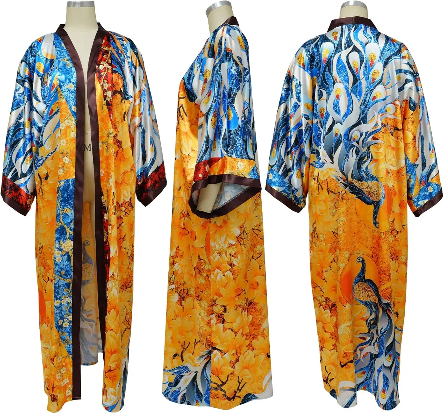 Famnbro Women's Floral Print Satin Robe Kimono Cardigan Open Front Long Cover Ups Outerwear One Size