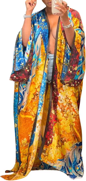 Famnbro Women's Floral Print Satin Robe Kimono Cardigan Open Front Long Cover Ups Outerwear One Size