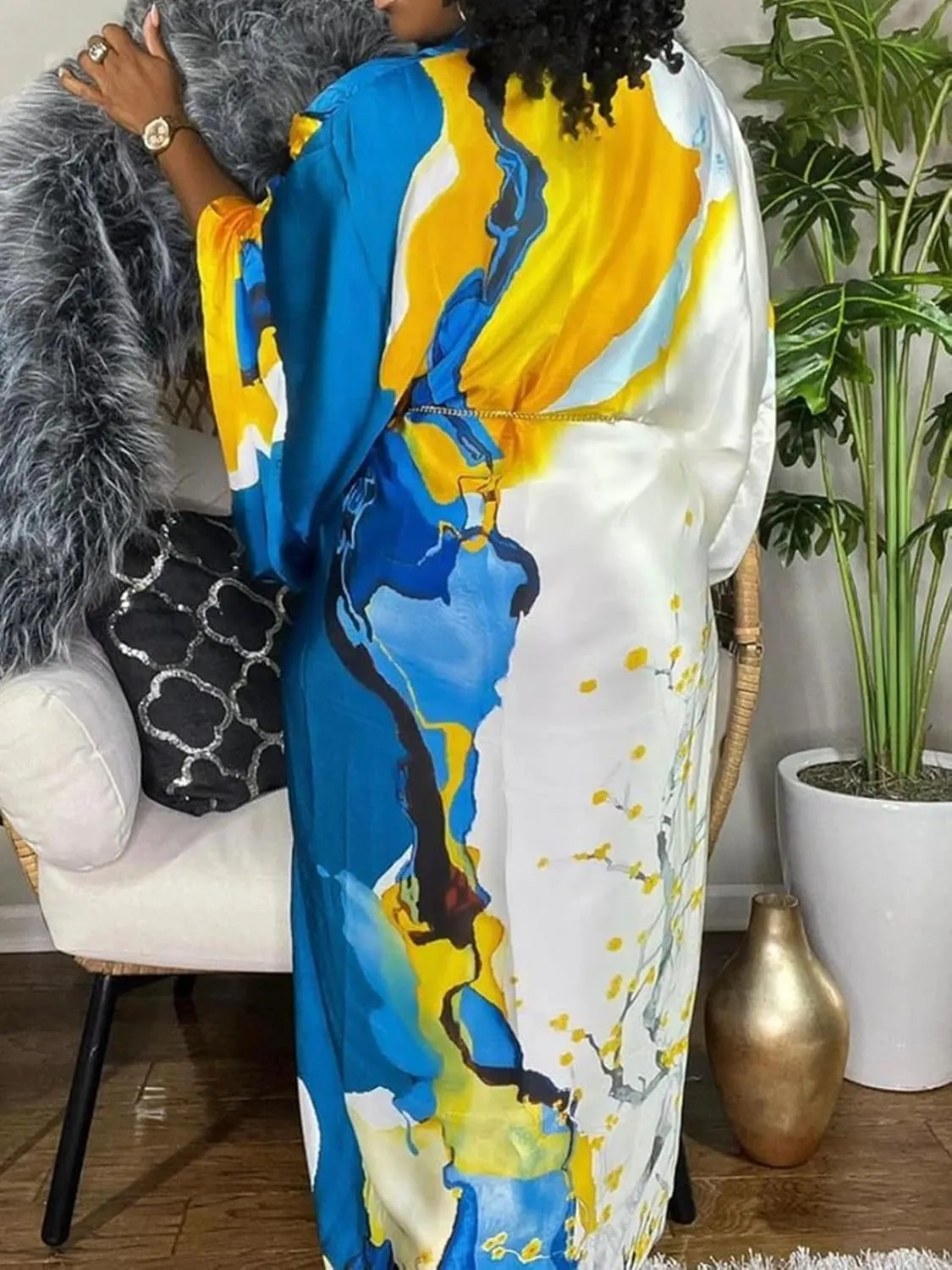 Famnbro Women's Floral Print Satin Robe Kimono Cardigan Open Front Long Cover Ups Outerwear One Size