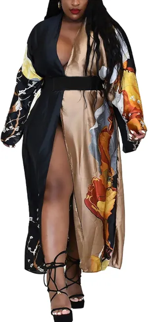 Famnbro Women's Floral Print Satin Robe Kimono Cardigan Open Front Long Cover Ups Outerwear One Size