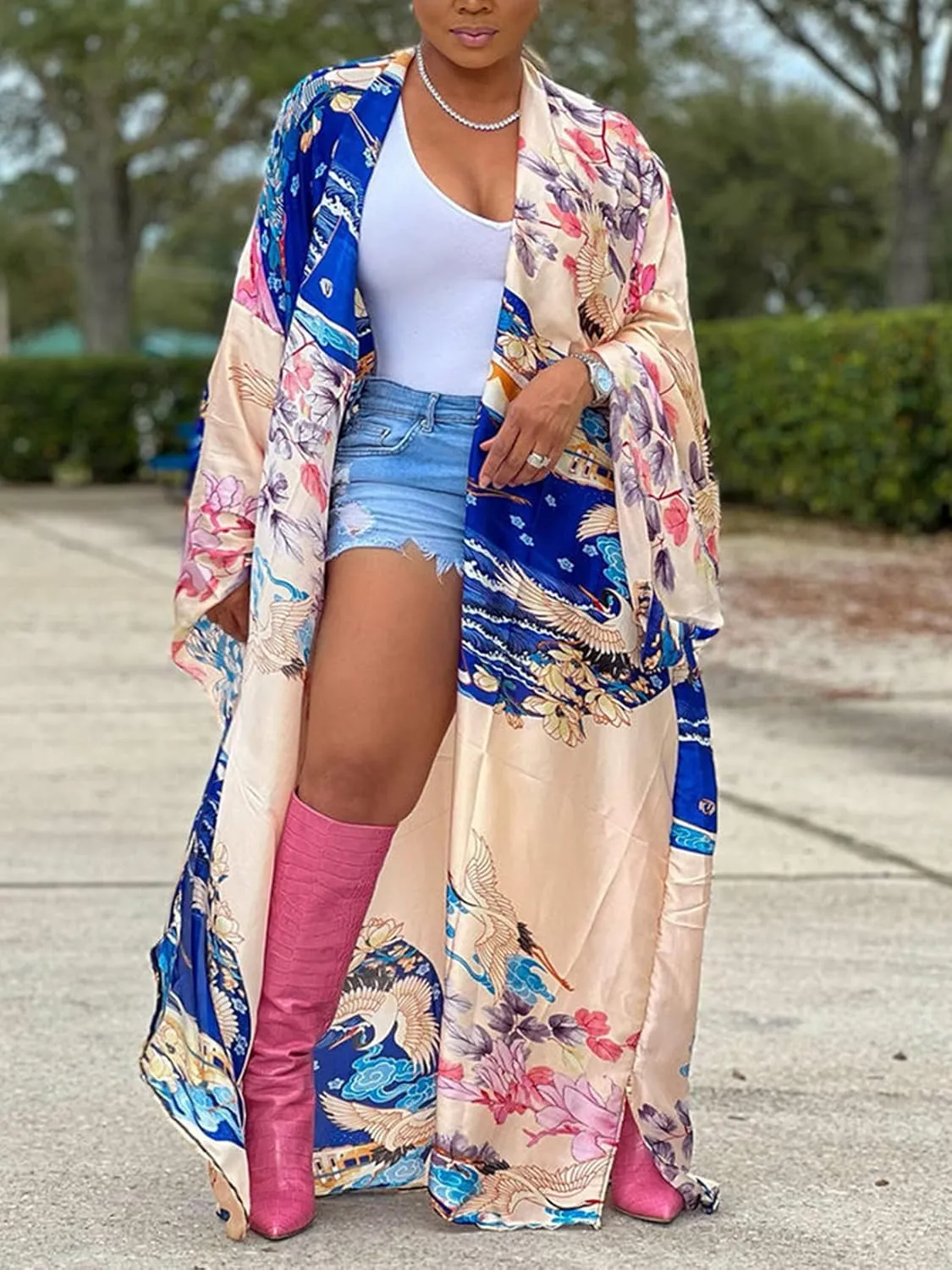 Famnbro Women's Floral Print Satin Robe Kimono Cardigan Open Front Long Cover Ups Outerwear One Size