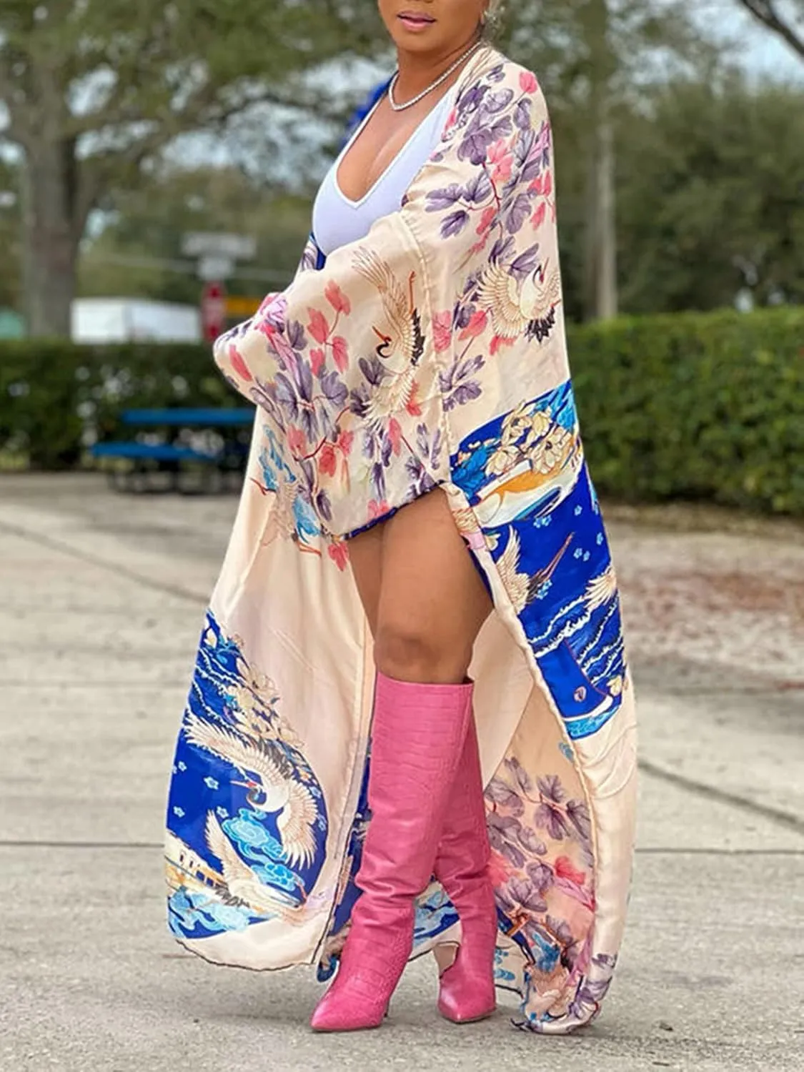 Famnbro Women's Floral Print Satin Robe Kimono Cardigan Open Front Long Cover Ups Outerwear One Size