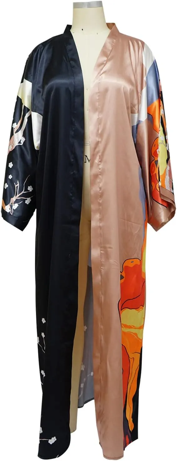 Famnbro Women's Floral Print Satin Robe Kimono Cardigan Open Front Long Cover Ups Outerwear One Size