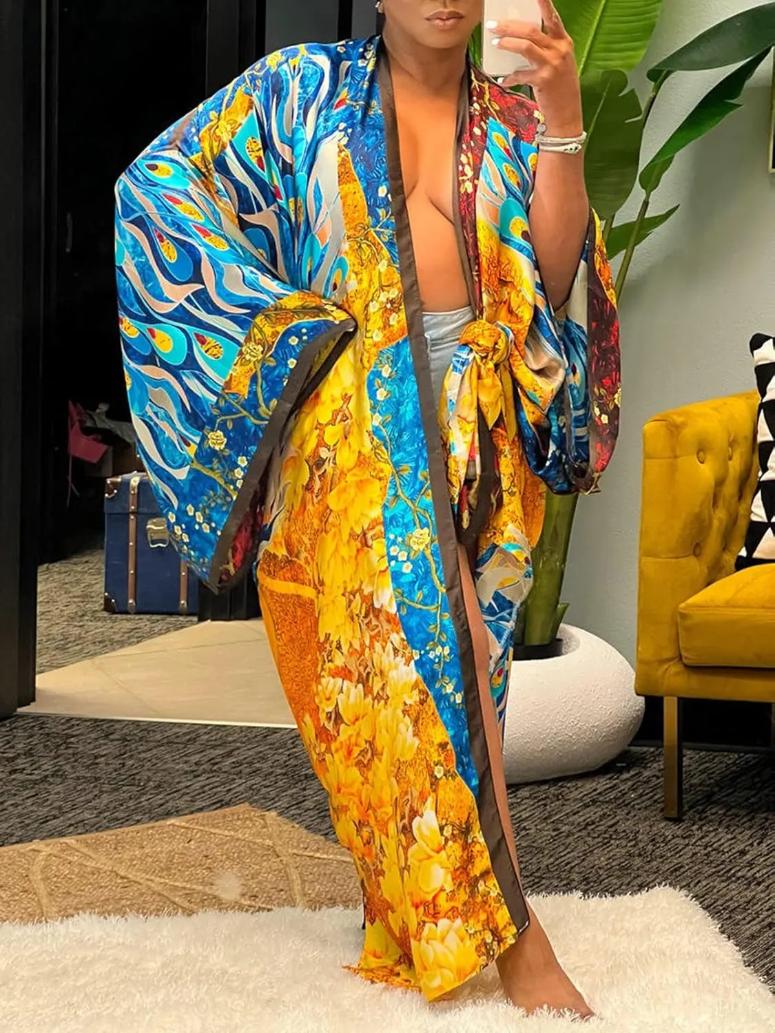 Famnbro Women's Floral Print Satin Robe Kimono Cardigan Open Front Long Cover Ups Outerwear One Size