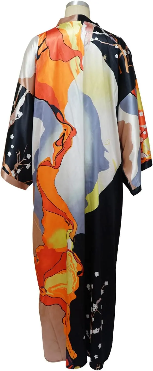 Famnbro Women's Floral Print Satin Robe Kimono Cardigan Open Front Long Cover Ups Outerwear One Size