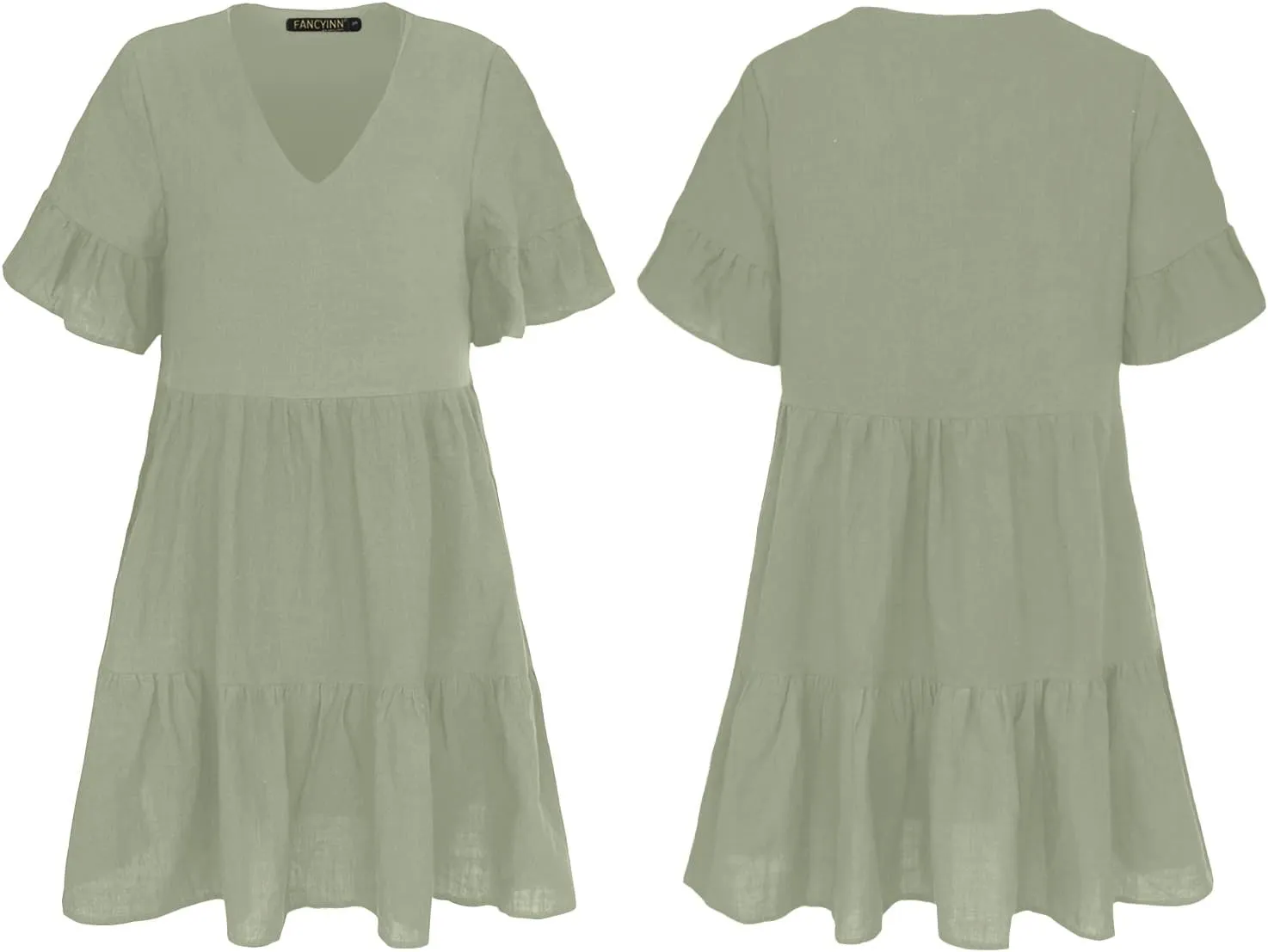 FANCYINN Women’s V Neck Cute Shift Dress with Pockets Bell Sleeve Ruffle Hem Loose Swing Summer Tunic Mini Dress