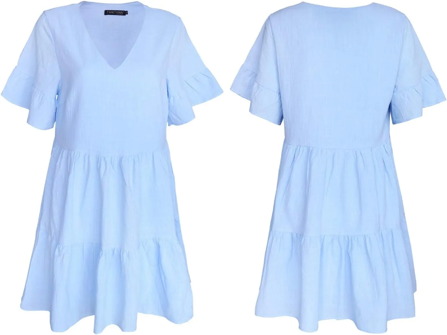 FANCYINN Women’s V Neck Cute Shift Dress with Pockets Bell Sleeve Ruffle Hem Loose Swing Summer Tunic Mini Dress