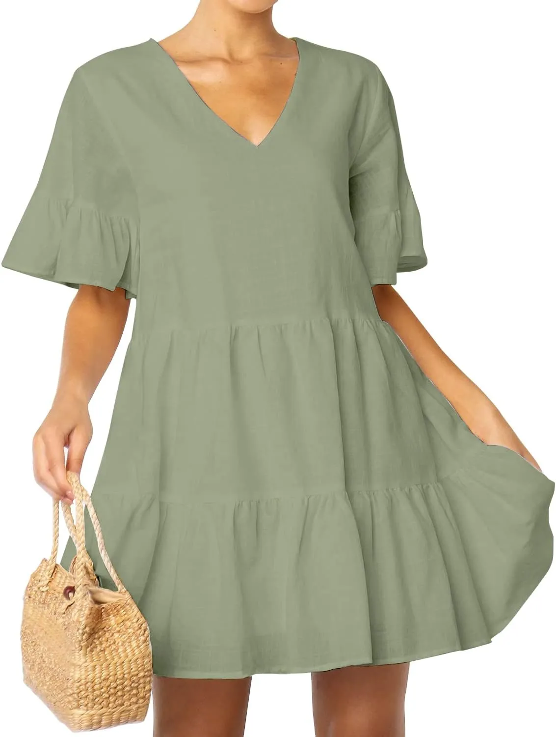 FANCYINN Women’s V Neck Cute Shift Dress with Pockets Bell Sleeve Ruffle Hem Loose Swing Summer Tunic Mini Dress
