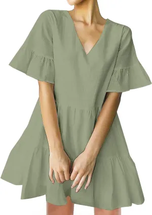 FANCYINN Women’s V Neck Cute Shift Dress with Pockets Bell Sleeve Ruffle Hem Loose Swing Summer Tunic Mini Dress
