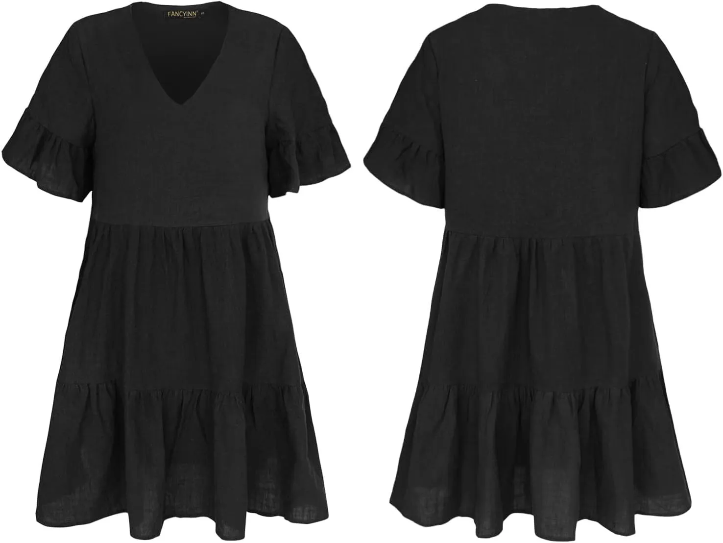 FANCYINN Women’s V Neck Cute Shift Dress with Pockets Bell Sleeve Ruffle Hem Loose Swing Summer Tunic Mini Dress