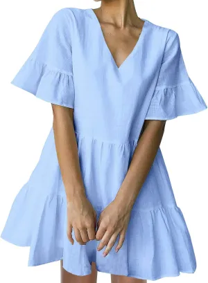 FANCYINN Women’s V Neck Cute Shift Dress with Pockets Bell Sleeve Ruffle Hem Loose Swing Summer Tunic Mini Dress