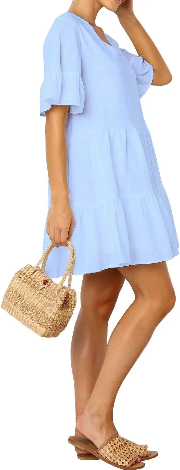 FANCYINN Women’s V Neck Cute Shift Dress with Pockets Bell Sleeve Ruffle Hem Loose Swing Summer Tunic Mini Dress