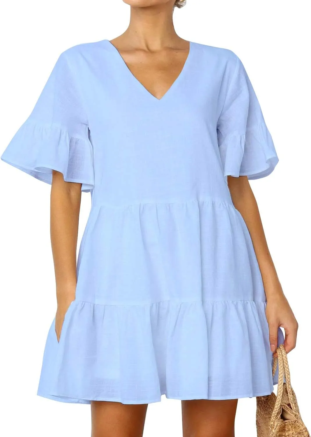 FANCYINN Women’s V Neck Cute Shift Dress with Pockets Bell Sleeve Ruffle Hem Loose Swing Summer Tunic Mini Dress