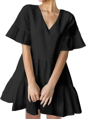 FANCYINN Women’s V Neck Cute Shift Dress with Pockets Bell Sleeve Ruffle Hem Loose Swing Summer Tunic Mini Dress