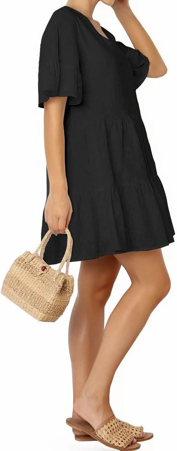 FANCYINN Women’s V Neck Cute Shift Dress with Pockets Bell Sleeve Ruffle Hem Loose Swing Summer Tunic Mini Dress