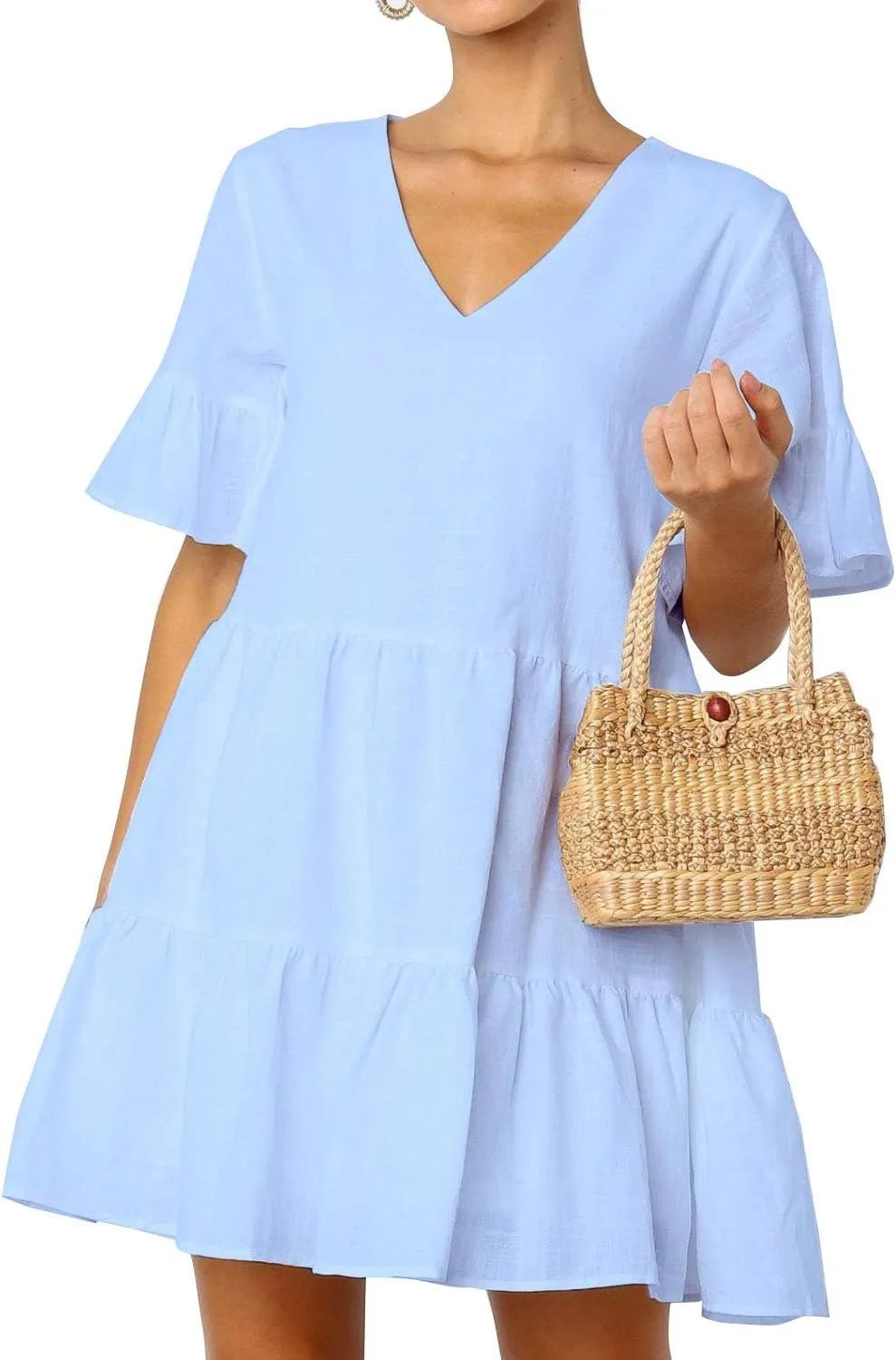 FANCYINN Women’s V Neck Cute Shift Dress with Pockets Bell Sleeve Ruffle Hem Loose Swing Summer Tunic Mini Dress