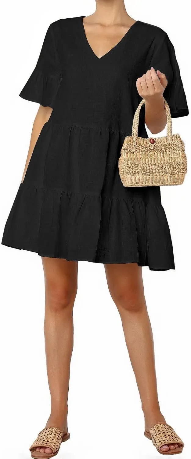 FANCYINN Women’s V Neck Cute Shift Dress with Pockets Bell Sleeve Ruffle Hem Loose Swing Summer Tunic Mini Dress