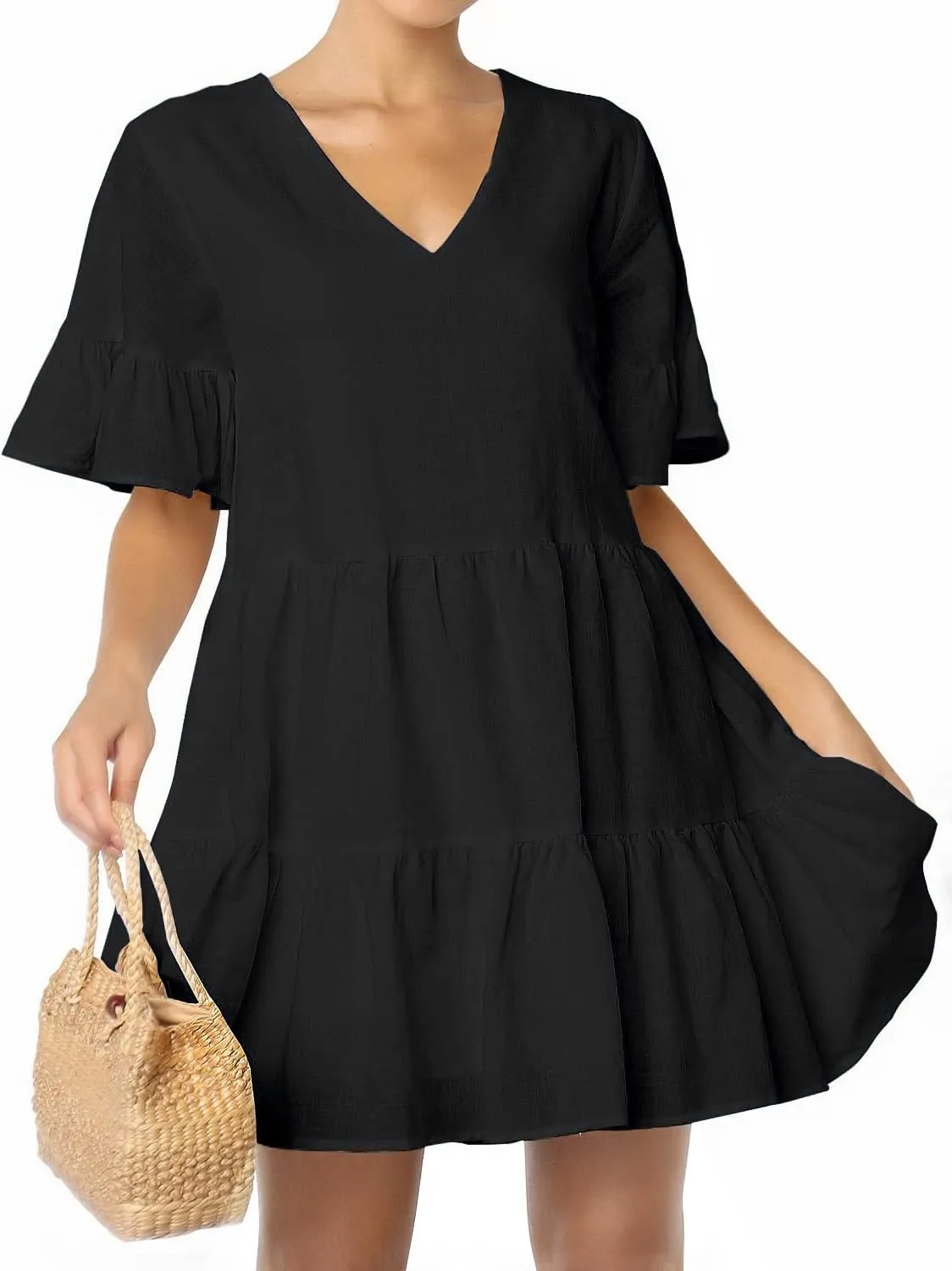 FANCYINN Women’s V Neck Cute Shift Dress with Pockets Bell Sleeve Ruffle Hem Loose Swing Summer Tunic Mini Dress