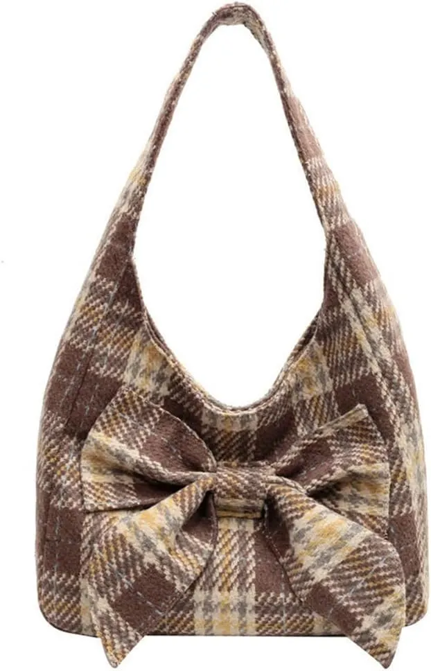 Fashion Shoulder Hobo Bags for Women Wool Tweed Tote Bags Plaid Pattern Bowknot Handbags and Purses Large Capacity