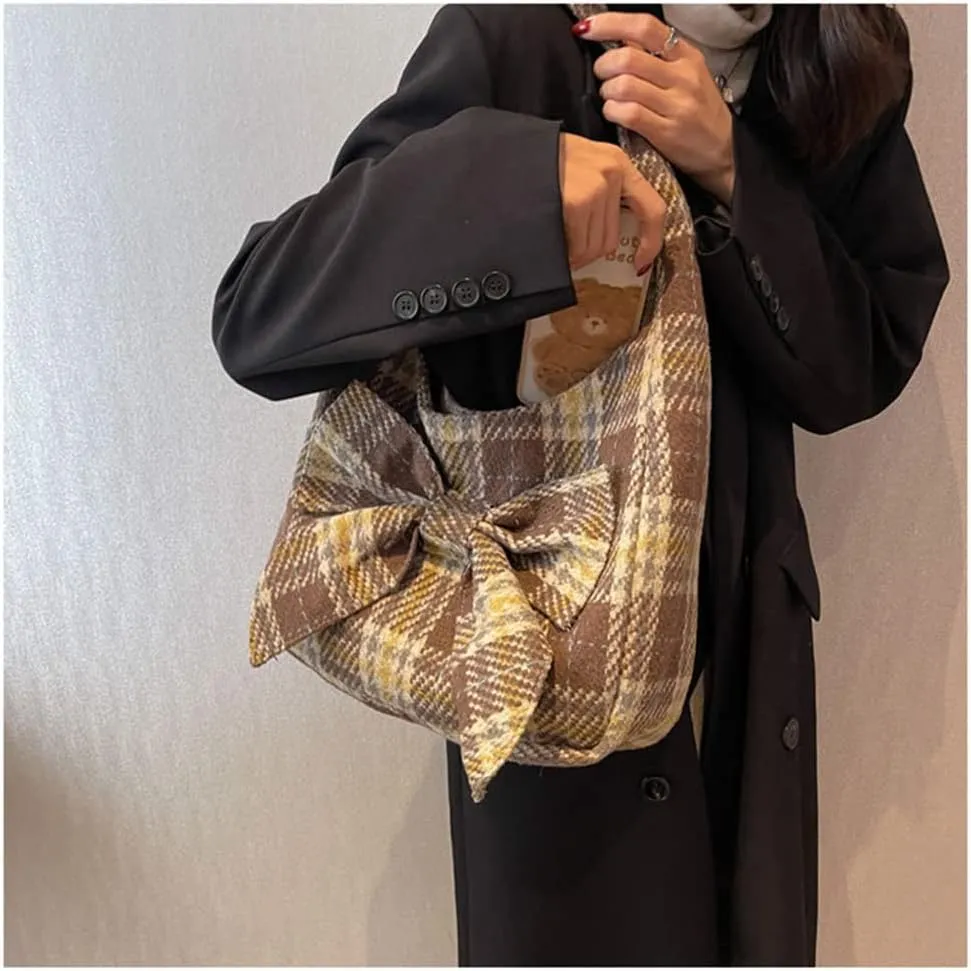 Fashion Shoulder Hobo Bags for Women Wool Tweed Tote Bags Plaid Pattern Bowknot Handbags and Purses Large Capacity