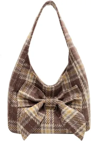 Fashion Shoulder Hobo Bags for Women Wool Tweed Tote Bags Plaid Pattern Bowknot Handbags and Purses Large Capacity