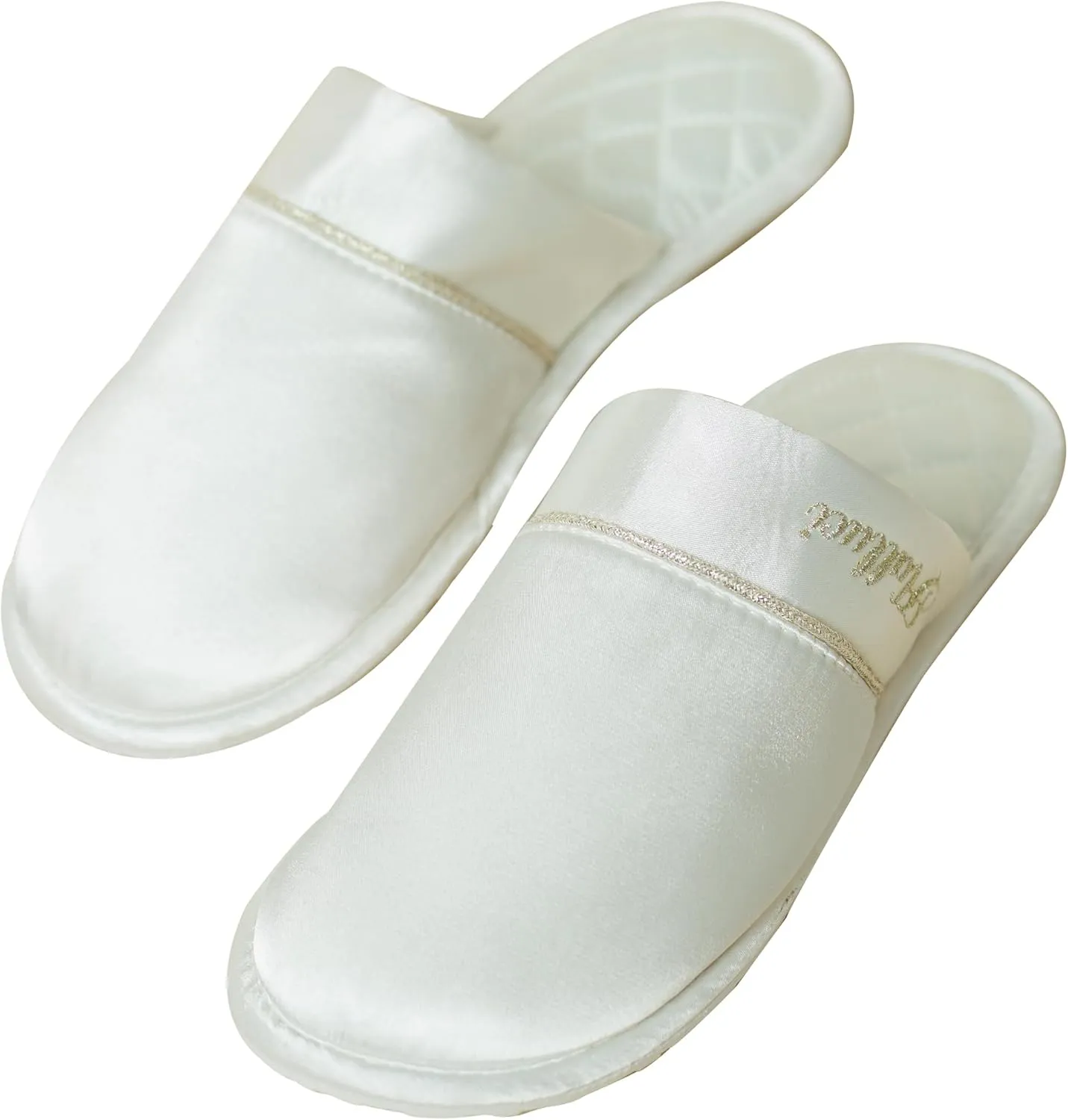 Faux Silk Slippers Soft Lightweight House Slippers Comfy Closed Toe Non-slip Sole Satin Slippers, White