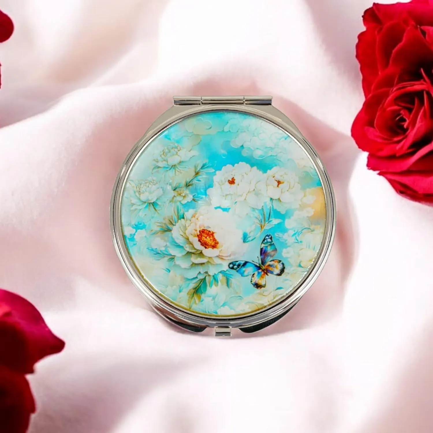 February Mountain Mother of Pearl Compact Mirror – Dual Magnification Gift for Women, Mom, Sister – Birthday or Christmas Idea (1, SkyBlue Butterfly)
