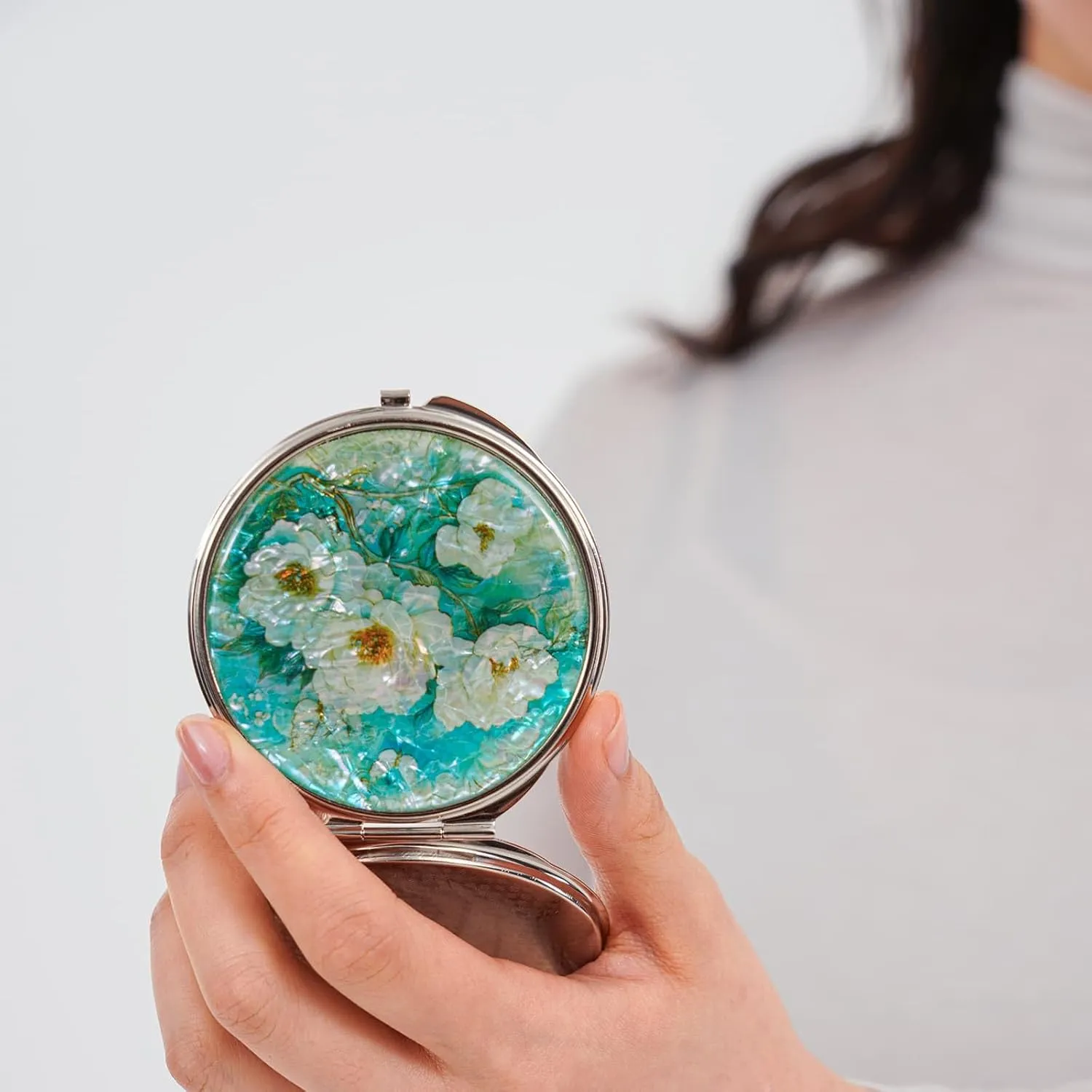 February Mountain Mother of Pearl Compact Mirror – Dual Magnification Gift for Women, Mom, Sister – Birthday or Christmas Idea (1, SkyBlue Butterfly)