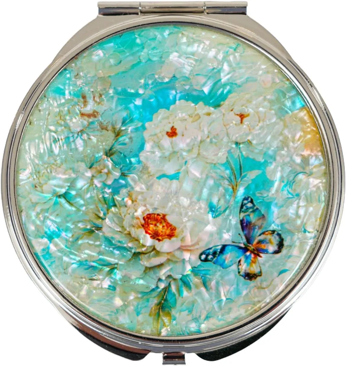 February Mountain Mother of Pearl Compact Mirror – Dual Magnification Gift for Women, Mom, Sister – Birthday or Christmas Idea (1, SkyBlue Butterfly)
