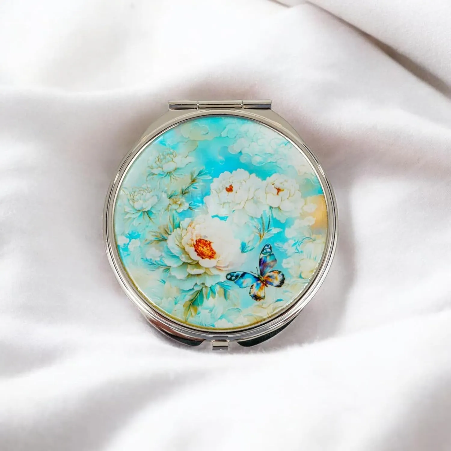 February Mountain Mother of Pearl Compact Mirror – Dual Magnification Gift for Women, Mom, Sister – Birthday or Christmas Idea (1, SkyBlue Butterfly)