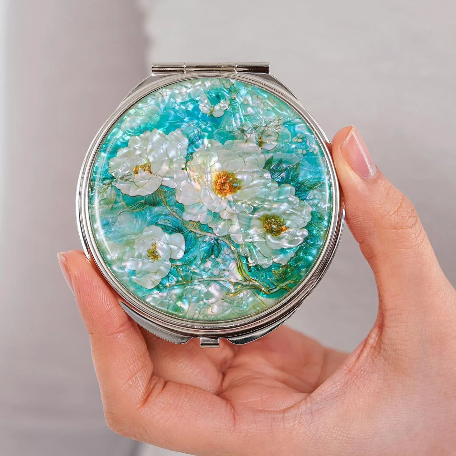 February Mountain Mother of Pearl Compact Mirror – Dual Magnification Gift for Women, Mom, Sister – Birthday or Christmas Idea (1, SkyBlue Butterfly)