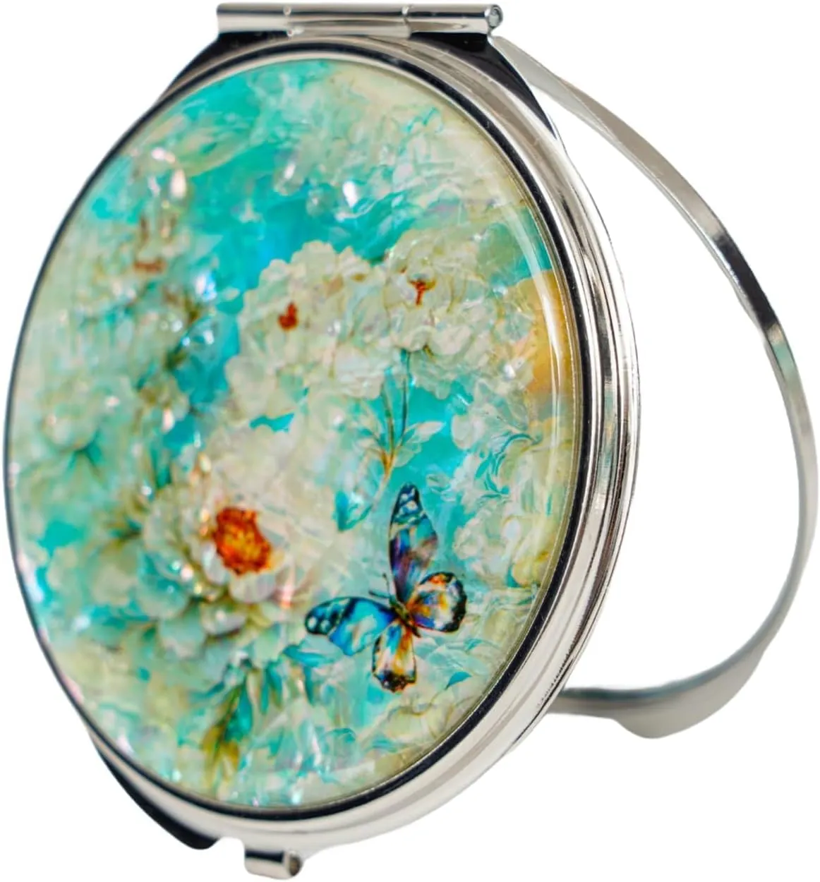 February Mountain Mother of Pearl Compact Mirror – Dual Magnification Gift for Women, Mom, Sister – Birthday or Christmas Idea (1, SkyBlue Butterfly)