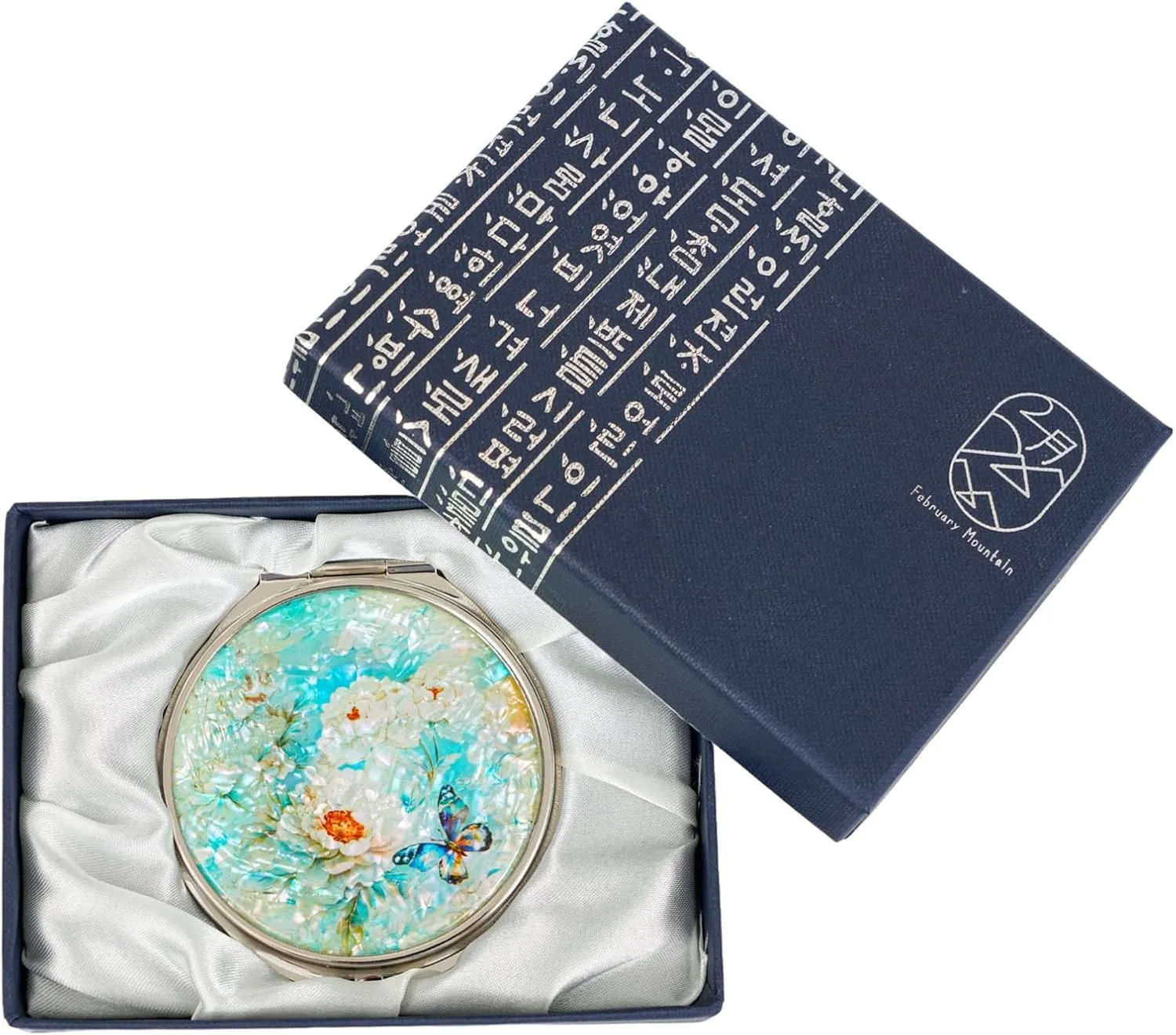 February Mountain Mother of Pearl Compact Mirror – Dual Magnification Gift for Women, Mom, Sister – Birthday or Christmas Idea (1, SkyBlue Butterfly)