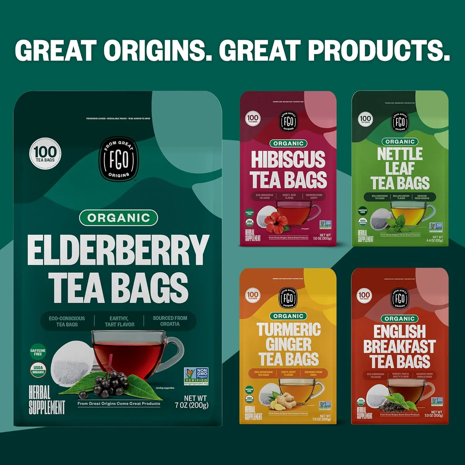 FGO Organic Elderberry Tea, 100 Count, Eco-Conscious Herbal Tea Bags, Resealabel Bag, Caffeine Free, Packaging May Vary (Pack of 1)