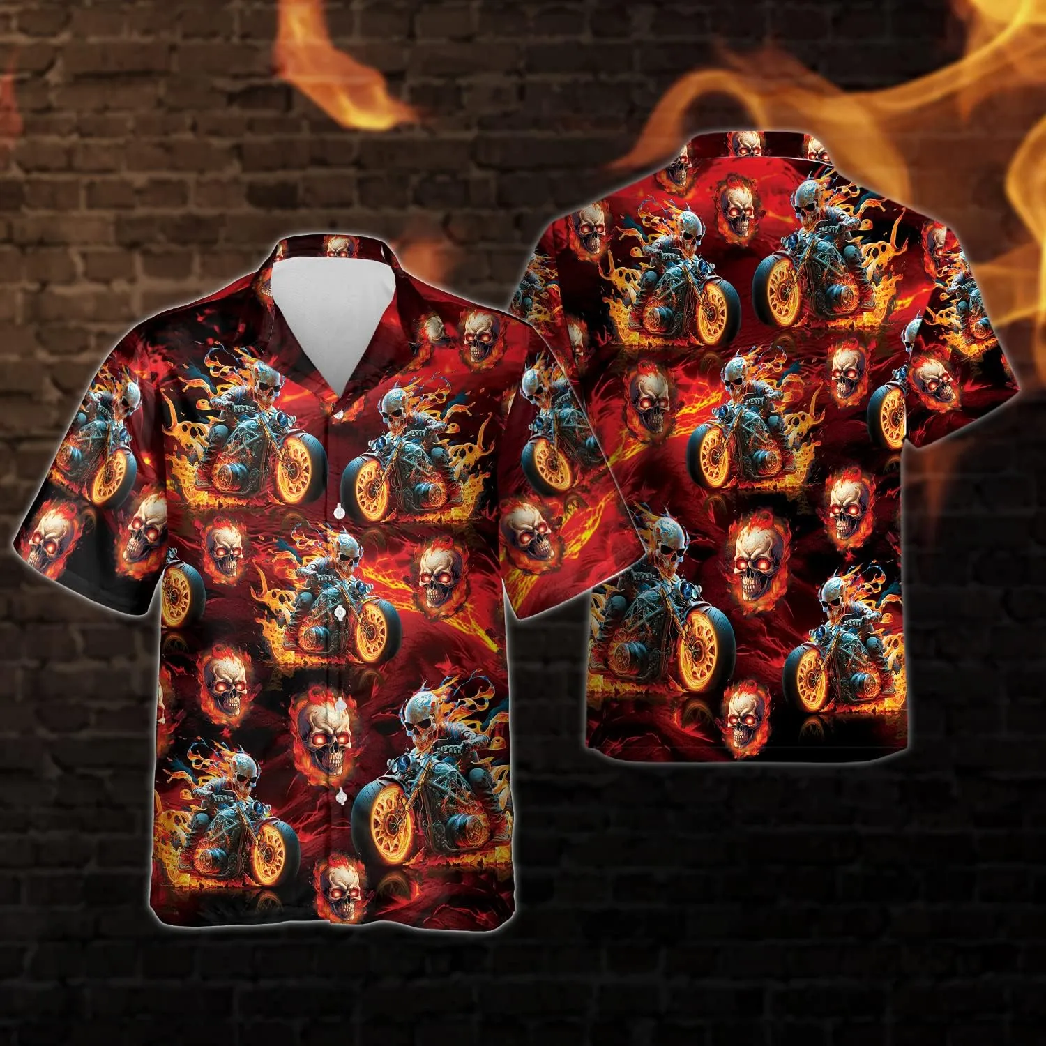 Fire Skull Hawaiian Shirt for Men - Skull Gothic Shirt for Mens Button Down Shirt Short Sleeve (MP_HW_30)